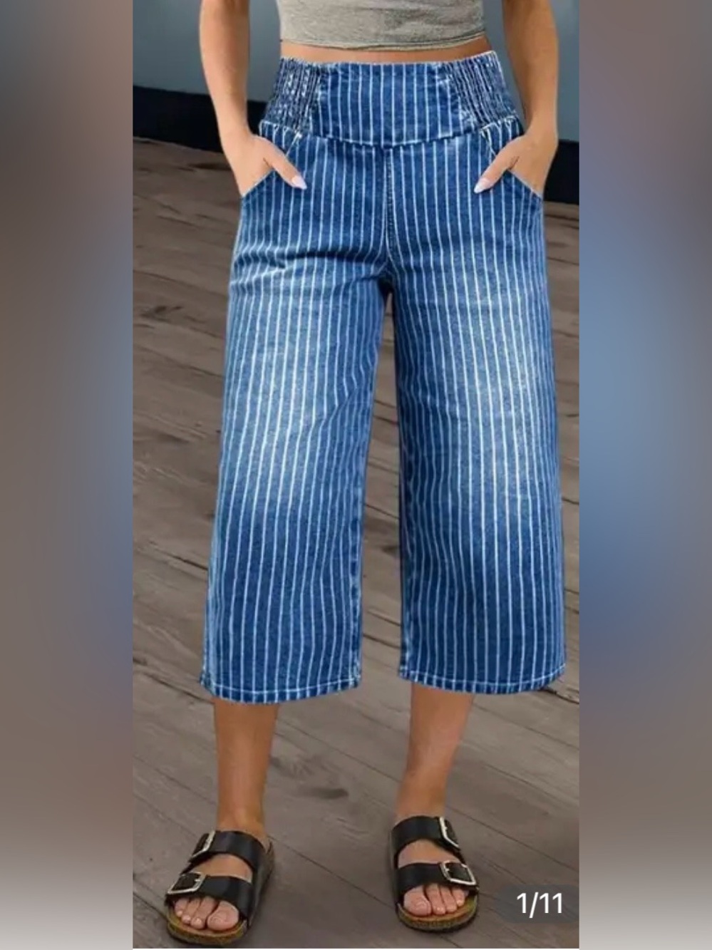 Flamingals Striped Print Elastic Wide Waistband High Rise Straight Leg Capris